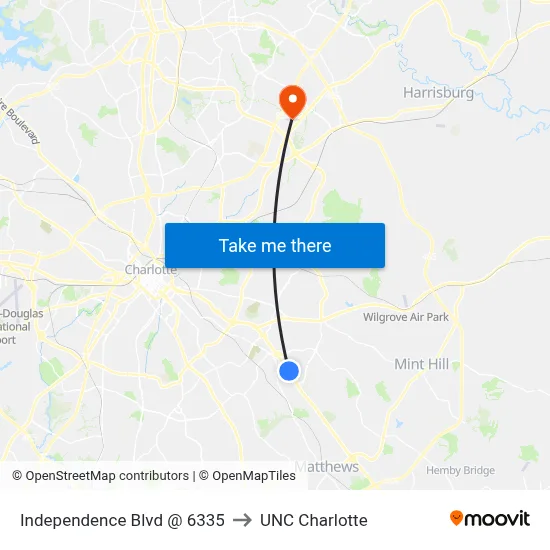 Independence Blvd @ 6335 to UNC Charlotte map