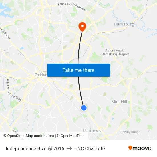 Independence Blvd @ 7016 to UNC Charlotte map