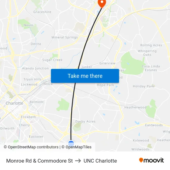 Monroe Rd & Commodore St to UNC Charlotte map