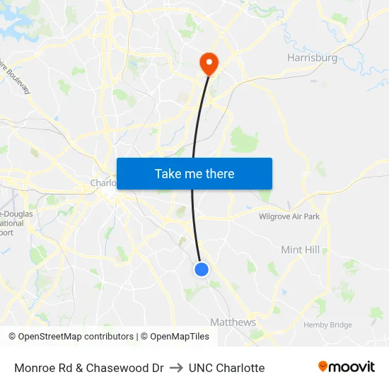 Monroe Rd & Chasewood Dr to UNC Charlotte map