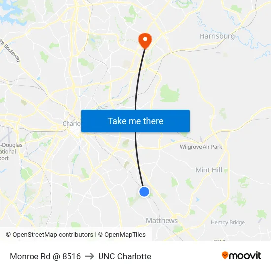 Monroe Rd @ 8516 to UNC Charlotte map