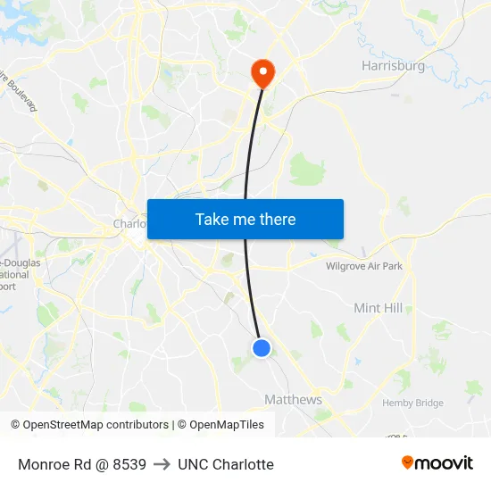 Monroe Rd @ 8539 to UNC Charlotte map
