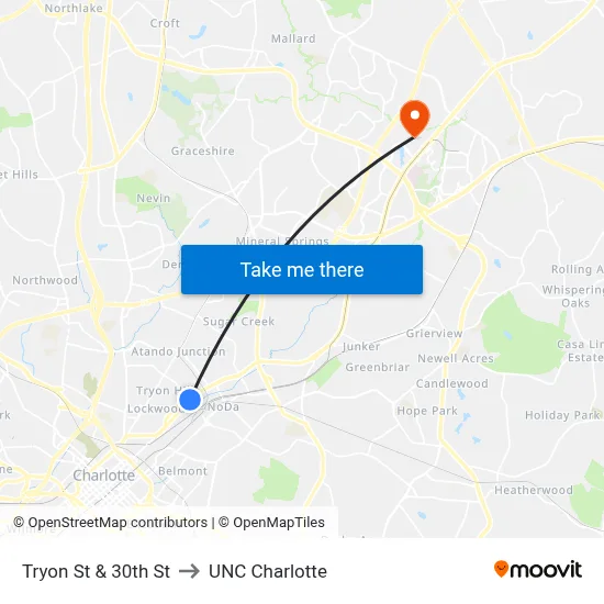 Tryon St & 30th St to UNC Charlotte map