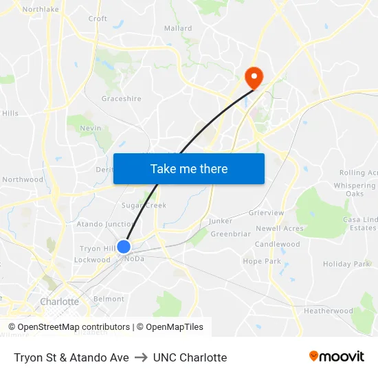 Tryon St & Atando Ave to UNC Charlotte map