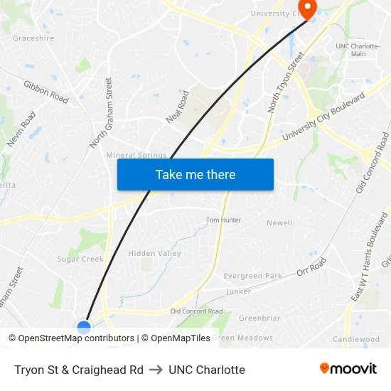 Tryon St & Craighead Rd to UNC Charlotte map