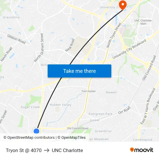 Tryon St @ 4070 to UNC Charlotte map
