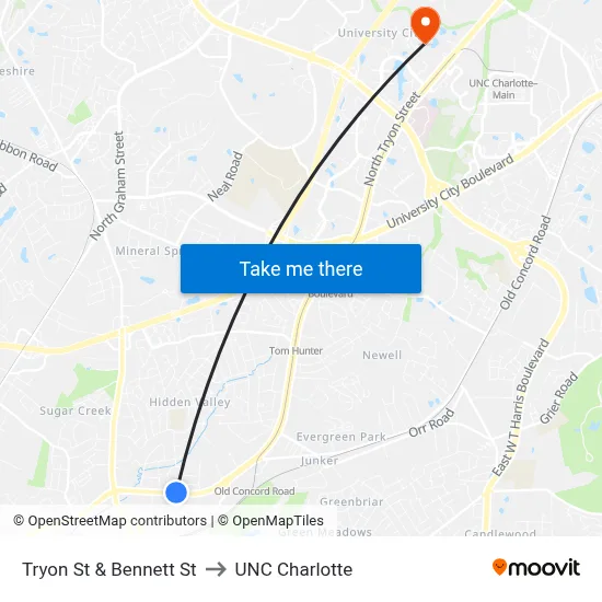Tryon St & Bennett St to UNC Charlotte map