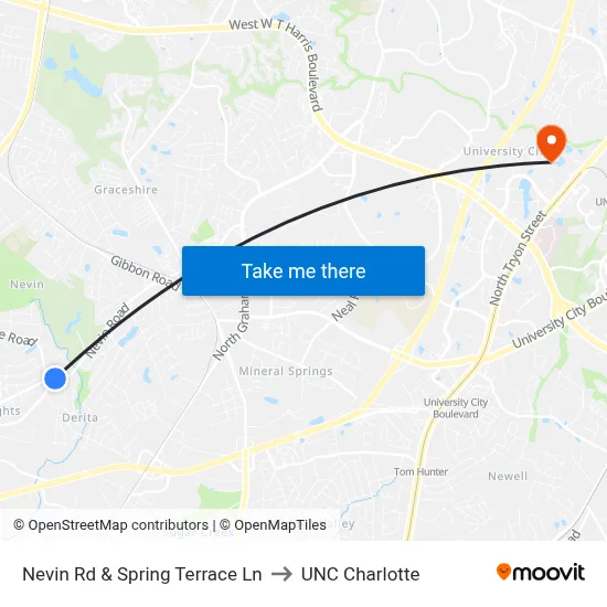 Nevin Rd & Spring Terrace Ln to UNC Charlotte map