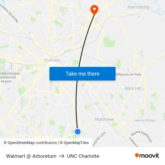 Walmart @ Arboretum to UNC Charlotte map