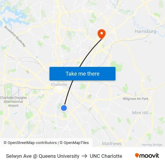 Selwyn Ave @ Queens University to UNC Charlotte map