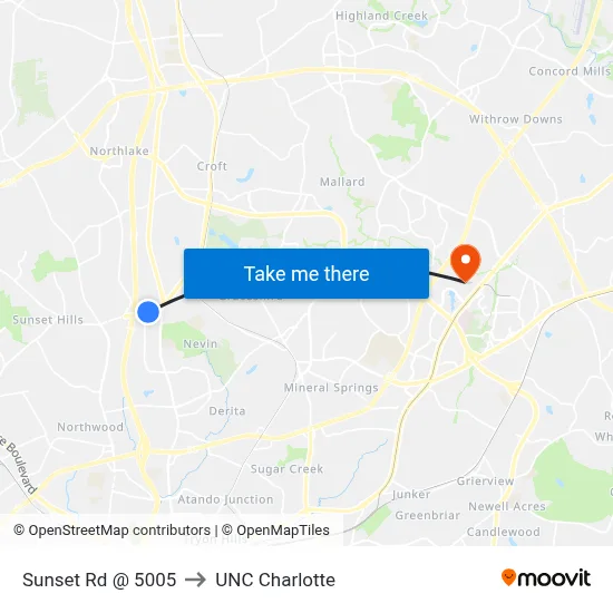 Sunset Rd @ 5005 to UNC Charlotte map