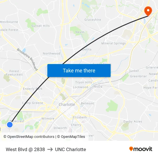 West Blvd @ 2838 to UNC Charlotte map