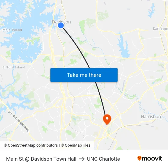 Main St @ Davidson Town Hall to UNC Charlotte map
