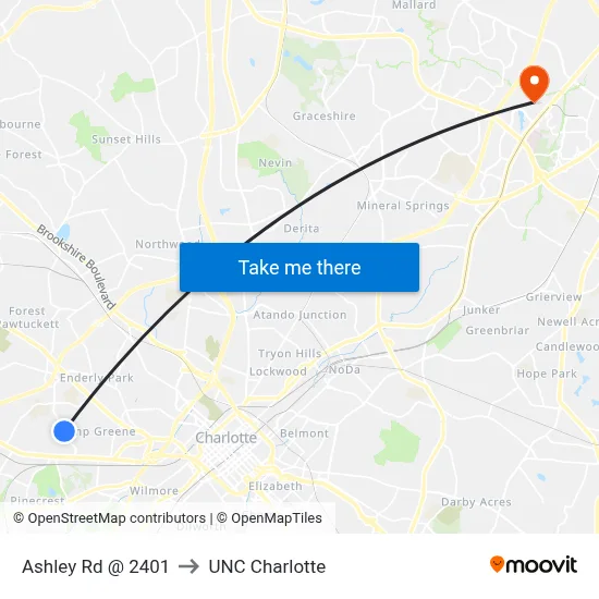 Ashley Rd @ 2401 to UNC Charlotte map