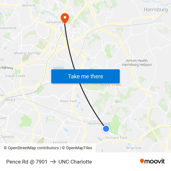 Pence Rd @ 7901 to UNC Charlotte map
