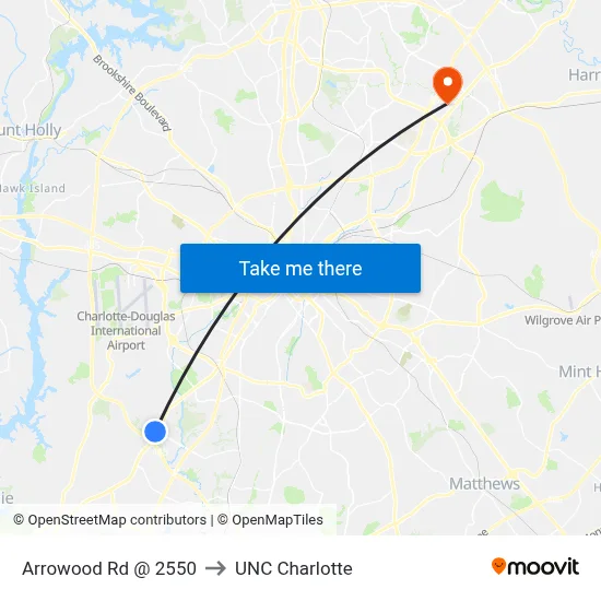 Arrowood Rd @ 2550 to UNC Charlotte map