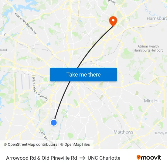 Arrowood Rd & Old Pineville Rd to UNC Charlotte map