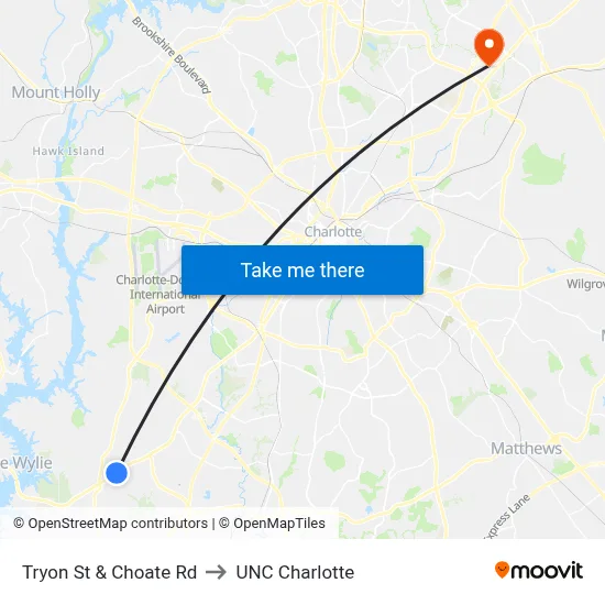 Tryon St & Choate Rd to UNC Charlotte map