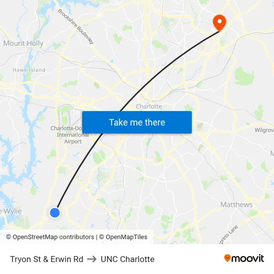 Tryon St & Erwin Rd to UNC Charlotte map