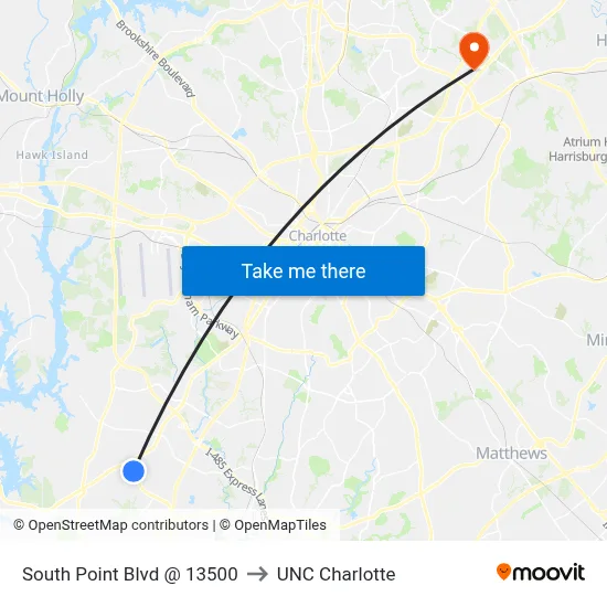 South Point Blvd @ 13500 to UNC Charlotte map