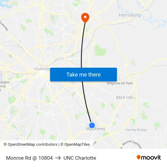 Monroe Rd @ 10804 to UNC Charlotte map