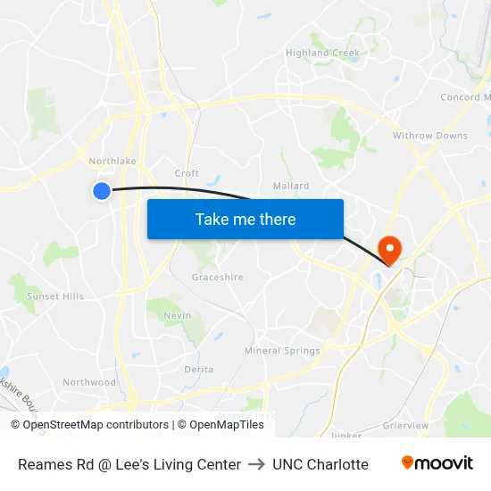 Reames Rd @ Lee's Living Center to UNC Charlotte map