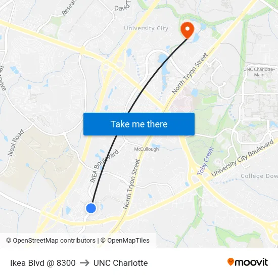 Ikea Blvd @ 8300 to UNC Charlotte map