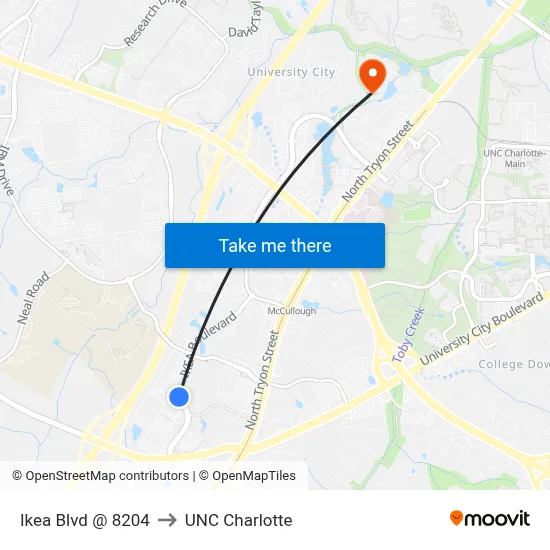 Ikea Blvd @ 8204 to UNC Charlotte map