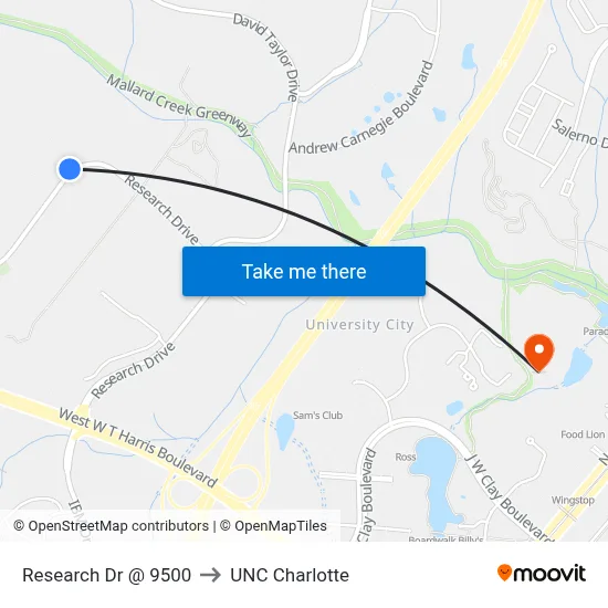 Research Dr @ 9500 to UNC Charlotte map