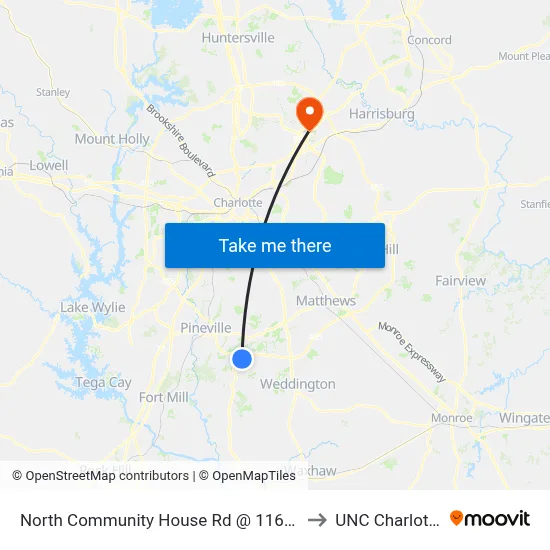 North Community House Rd @ 11605 to UNC Charlotte map