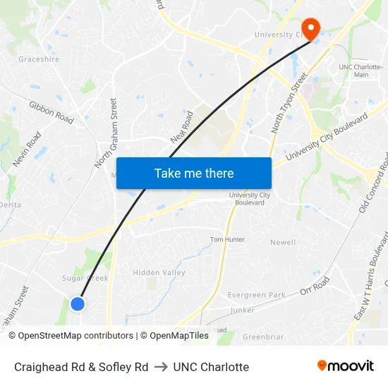 Craighead Rd & Sofley Rd to UNC Charlotte map