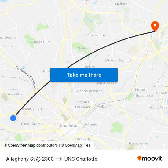 Alleghany St @ 2300 to UNC Charlotte map