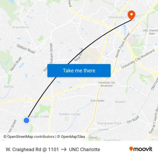 W. Craighead Rd @ 1101 to UNC Charlotte map