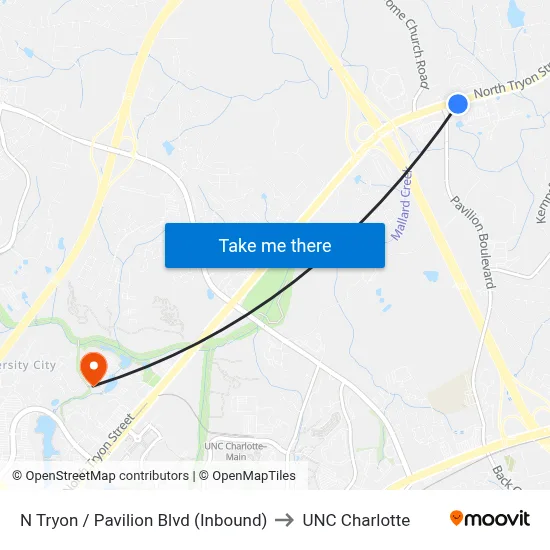 N Tryon / Pavilion Blvd (Inbound) to UNC Charlotte map