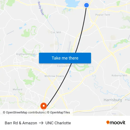 Barr Rd & Amazon to UNC Charlotte map