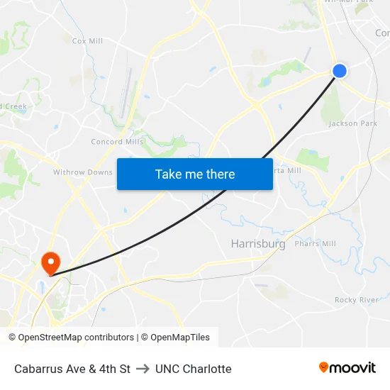 Cabarrus Ave & 4th St to UNC Charlotte map