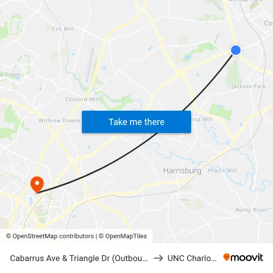 Cabarrus Ave & Triangle Dr (Outbound) to UNC Charlotte map