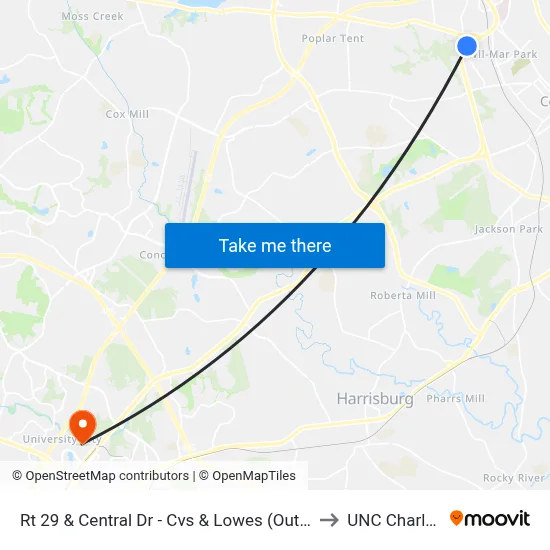 Rt 29 & Central Dr - Cvs & Lowes (Outbound) to UNC Charlotte map