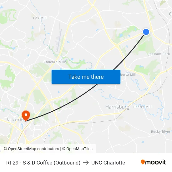 Rt 29 - S & D Coffee (Outbound) to UNC Charlotte map