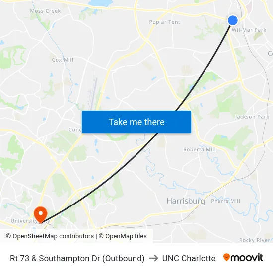 Rt 73 & Southampton Dr (Outbound) to UNC Charlotte map