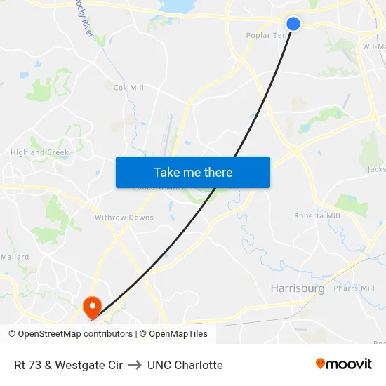 Rt 73 & Westgate Cir to UNC Charlotte map