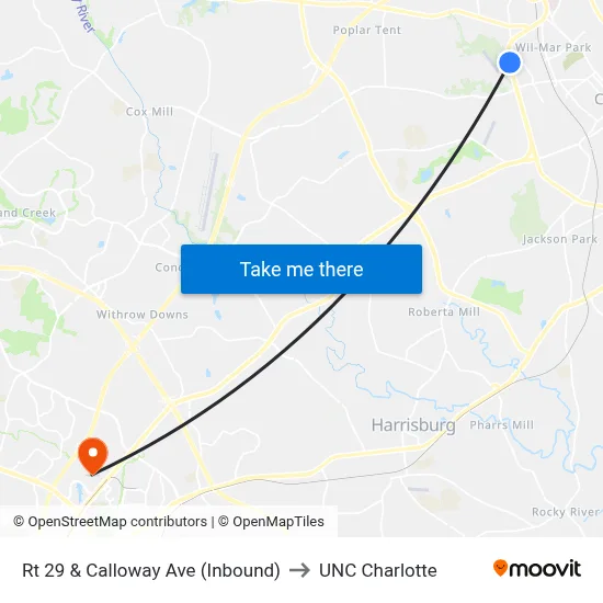 Rt 29 & Calloway Ave (Inbound) to UNC Charlotte map