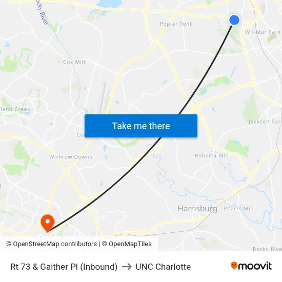 Rt 73 & Gaither Pl (Inbound) to UNC Charlotte map