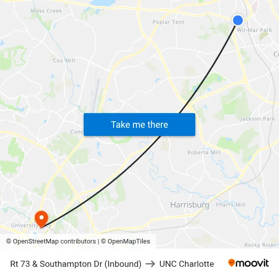 Rt 73 & Southampton Dr (Inbound) to UNC Charlotte map