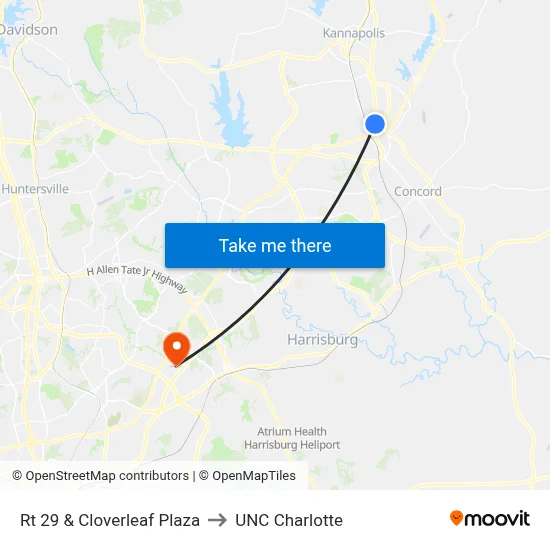 Rt 29 & Cloverleaf Plaza to UNC Charlotte map
