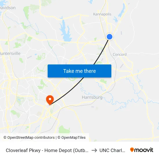 Cloverleaf Pkwy - Home Depot (Outbound) to UNC Charlotte map