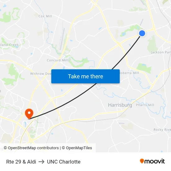Rte 29 & Aldi to UNC Charlotte map
