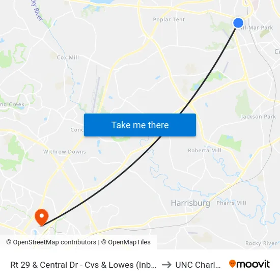 Rt 29 & Central Dr - Cvs & Lowes (Inbound) to UNC Charlotte map