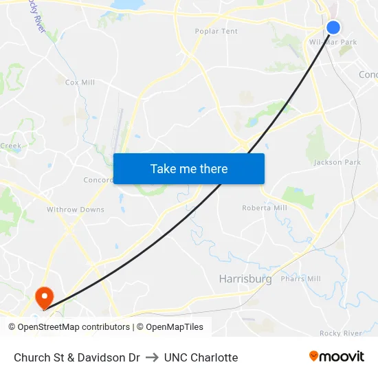 Church St & Davidson Dr to UNC Charlotte map