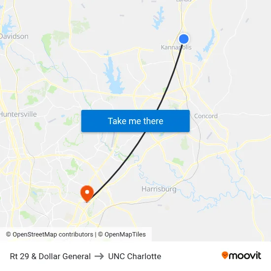 Rt 29 & Dollar General to UNC Charlotte map